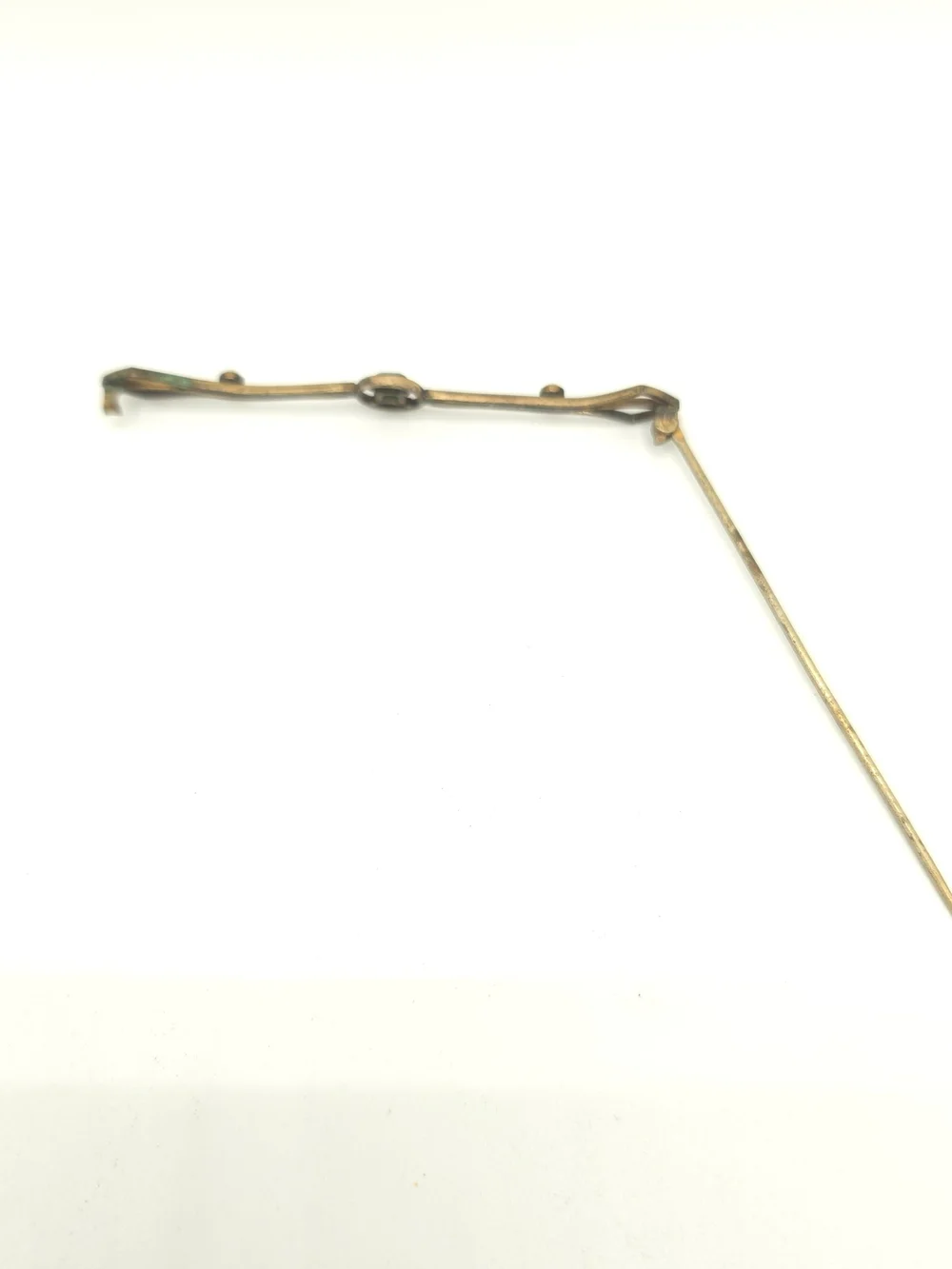 Antique Bar Brooch Gold Tone Green Stone Faux Pearl Edwardian Art Deco 2-7/8